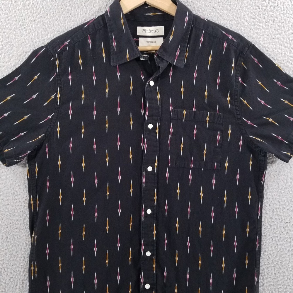 Madewell Shirt Mens Medium Black Perfect Fit Short Sleeve Geometric Aztec